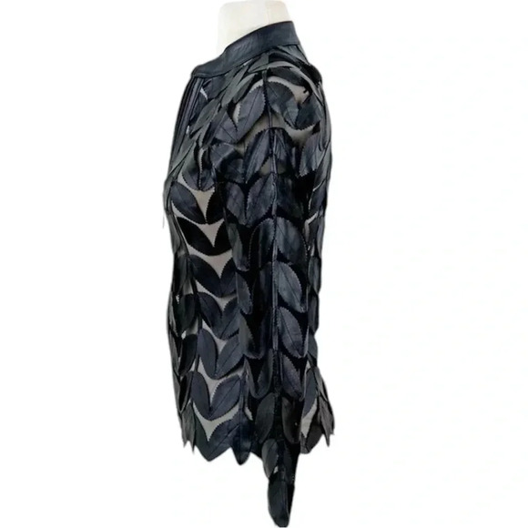 BY BELGIN FRANCIS BLACK LEATHER‎ JACKET SIZE 2X LEAF LONG SLEEVE SHEER - Picture 2 of 6